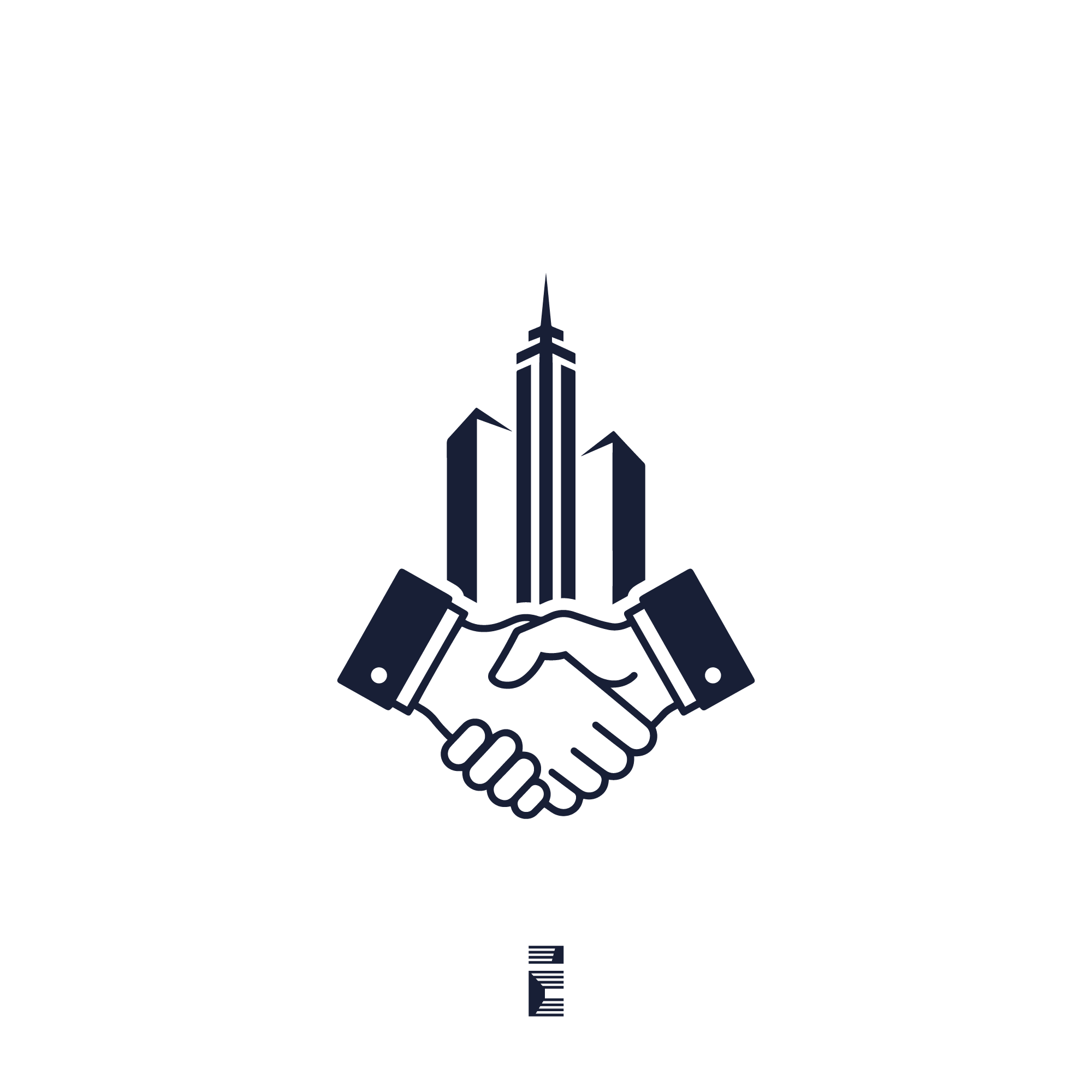 CitySynergy handshake and city skyline logo design in navy blue